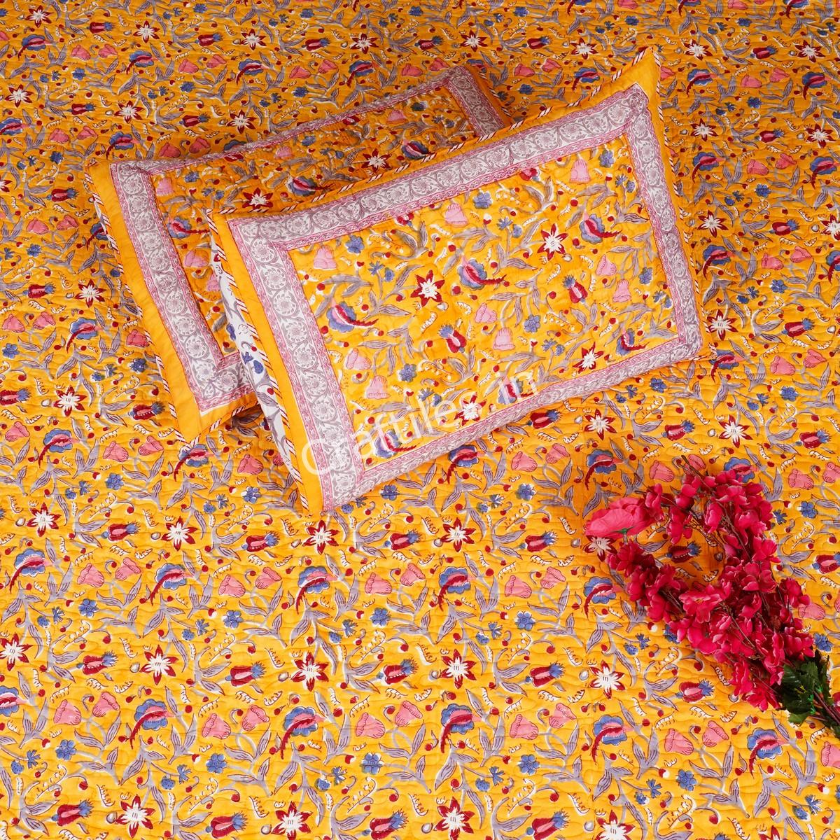 Craftiles - CF1124 Royal Jaipuri Handblock Printed Reversible Comforter by Jaipurdharohar - AC Quilt | Comforter | Bedcover | Gudarie - Yellow