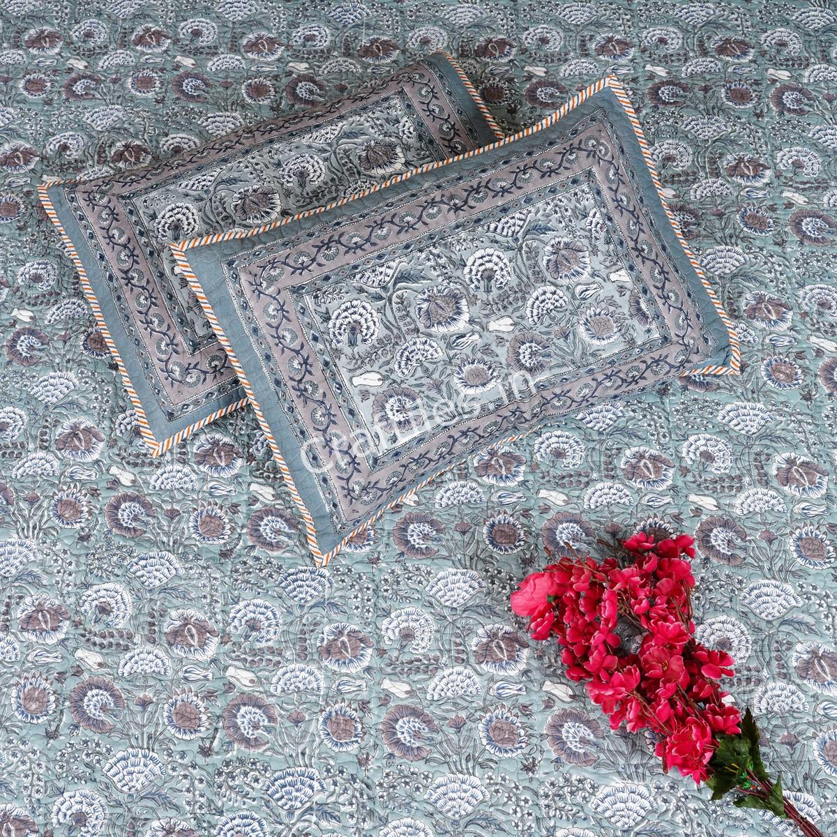 Craftiles - CF1051Q Sunflower Jaipuri Handblock Printed Reversible Comforter by Jaipurdharohar - AC Quilt | Comforter | Bedcover | Gudarie - Gray