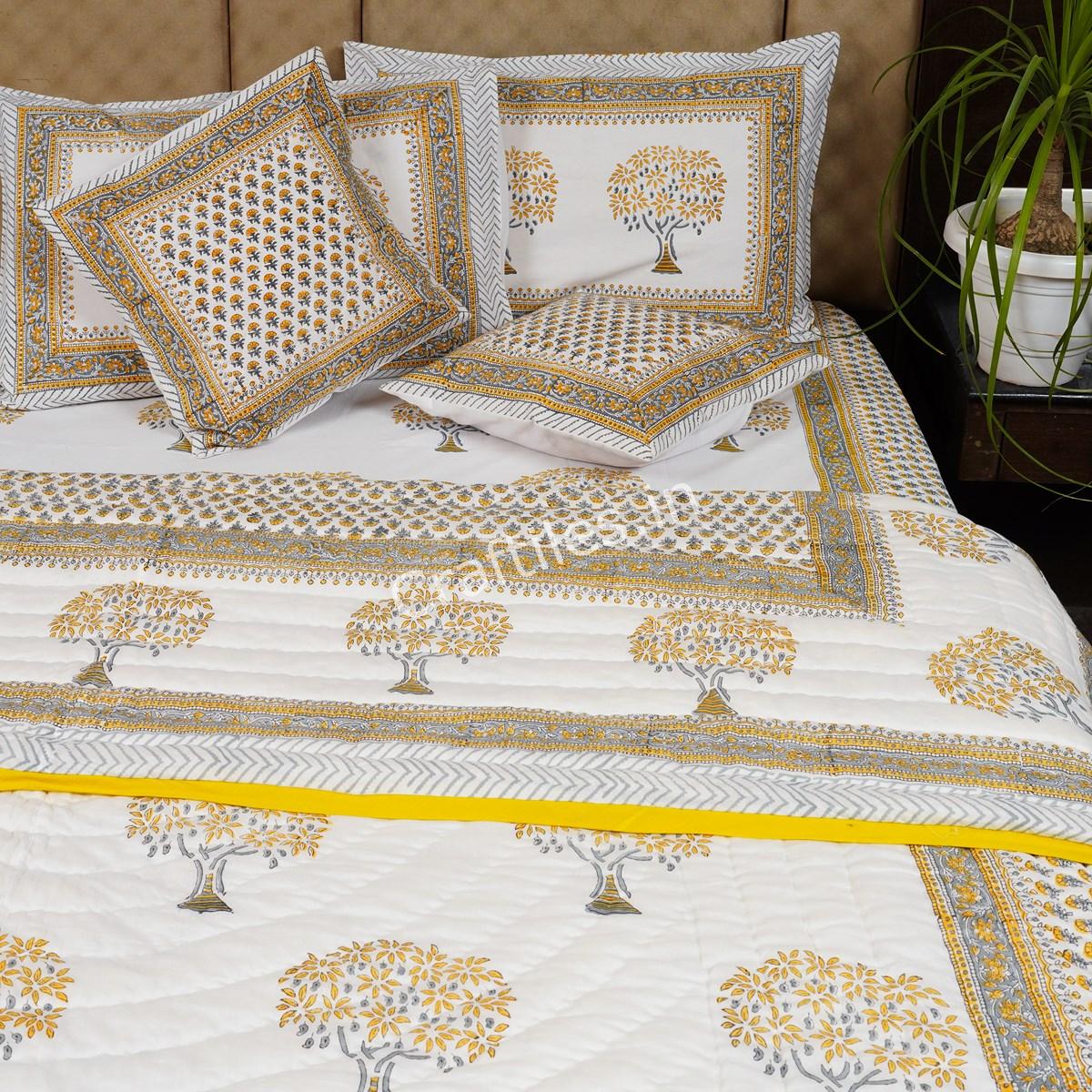 Craftiles -  Golden Tree Jaipuri Handblock Printed Bedding Set by Jaipur dharohar for Home and Wedding Gift - Yellow - Image 3