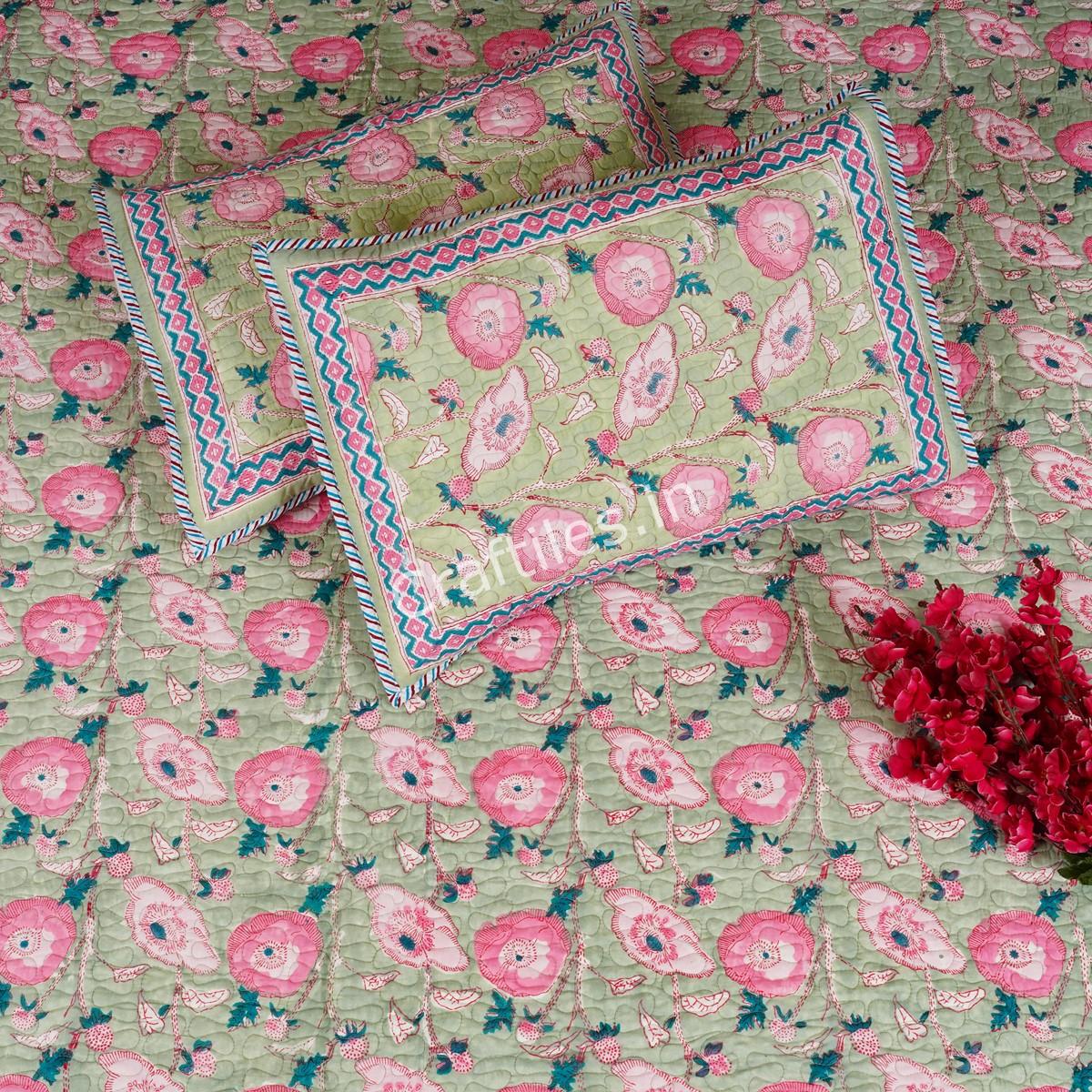 Craftiles - CF1149 Varista Jaipuri Handblock Printed Reversible Comforter by Jaipurdharohar - AC Quilt | Comforter | Bedcover | Gudarie - Green