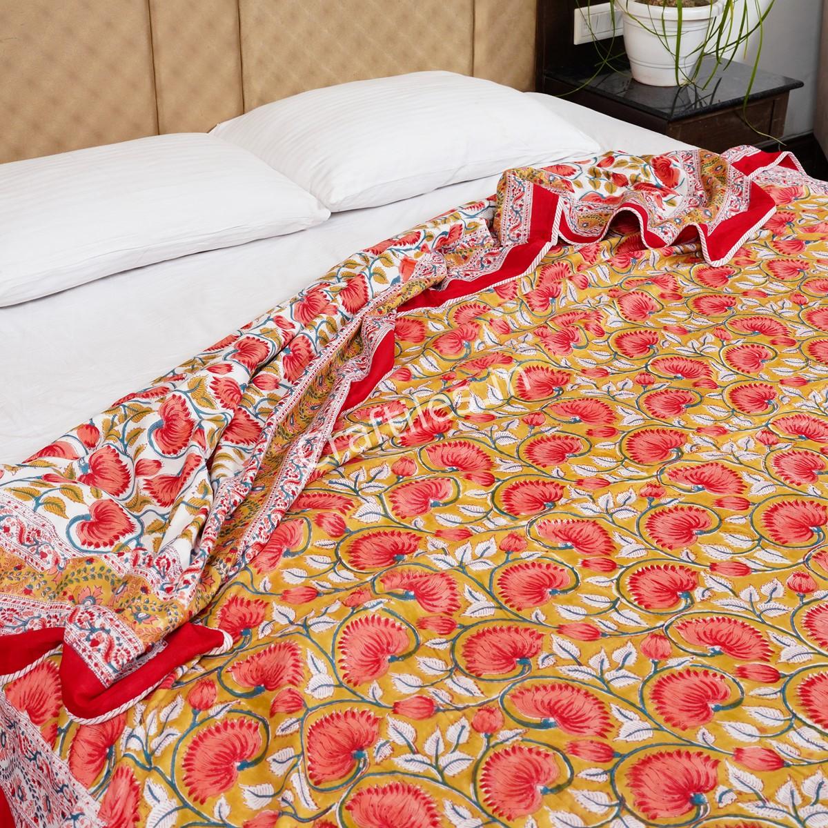 Craftiles – DH1138 Lotus Jaipuri Handblock Printed Reversible Dohar By Jaipur Dharohar – Red