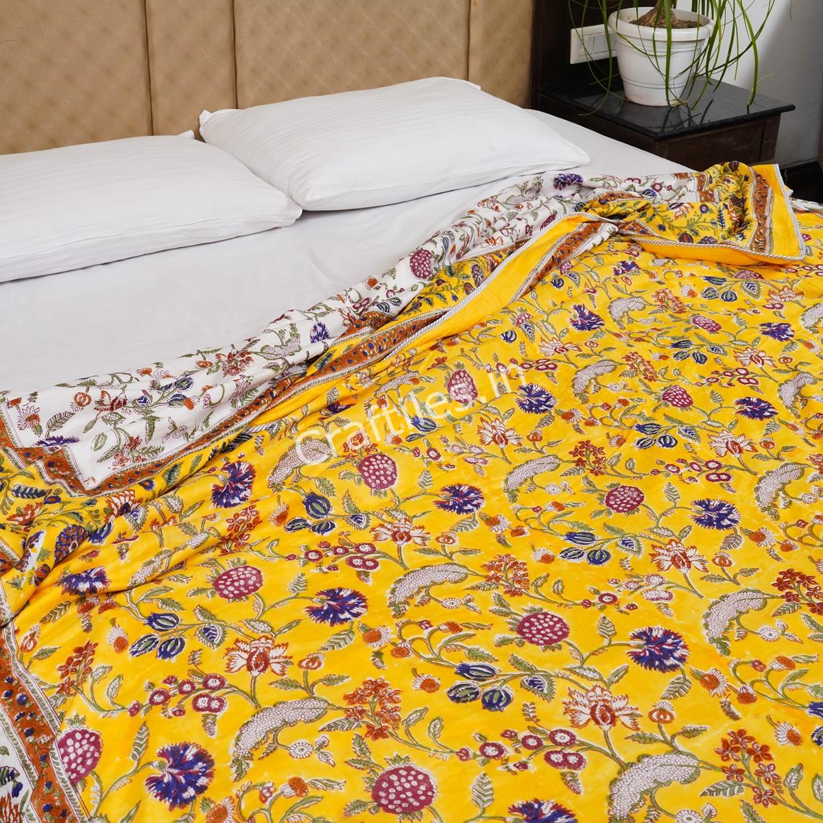 Craftiles – Galta Jaipuri Handblock Printed Reversible Dohar By Jaipur Dharohar – Yellow - Image 3