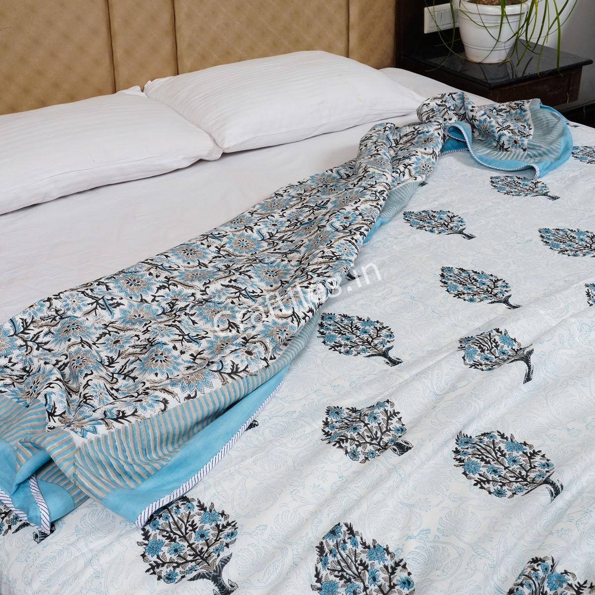 Craftiles – Paan Handblock Printed Reversible Dohar By Jaipur Dharohar – Blue - Image 3