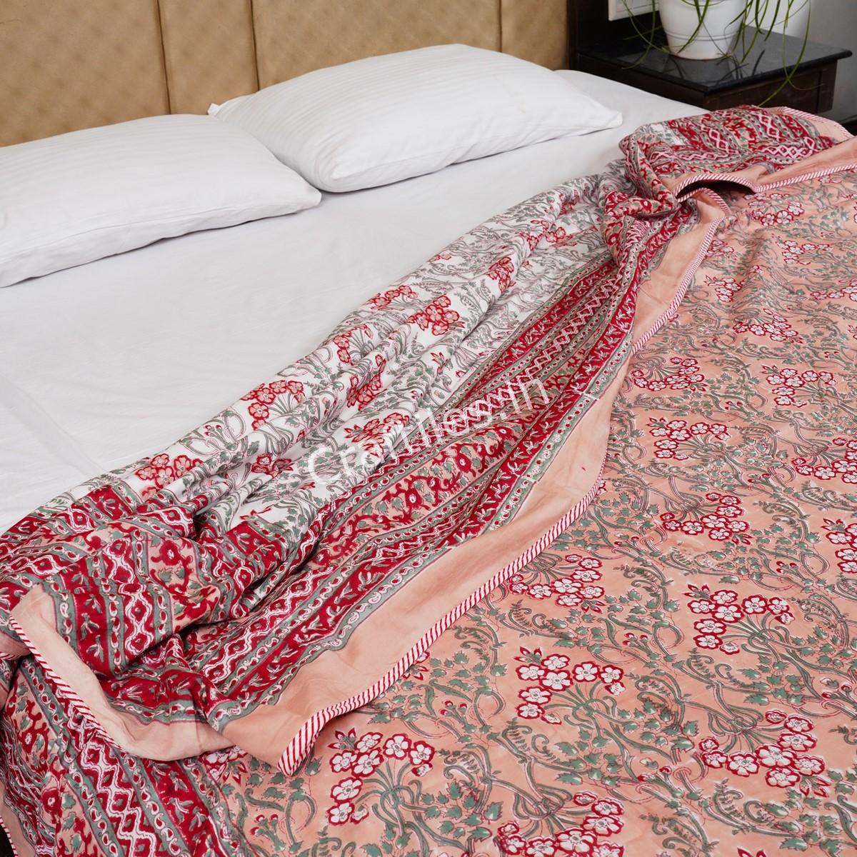 Craftiles –  Blossom Handblock Printed Reversible Dohar By Jaipur Dharohar – Red - Image 3