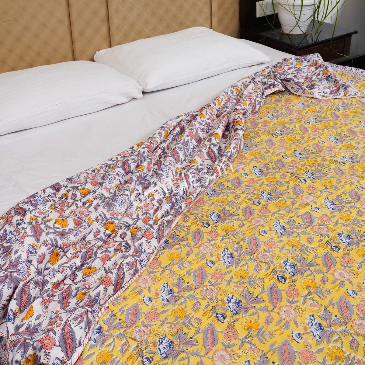 Craftiles – Multi flower Handblock Printed Reversible Dohar By Jaipur Dharohar – Yellow - Image 3