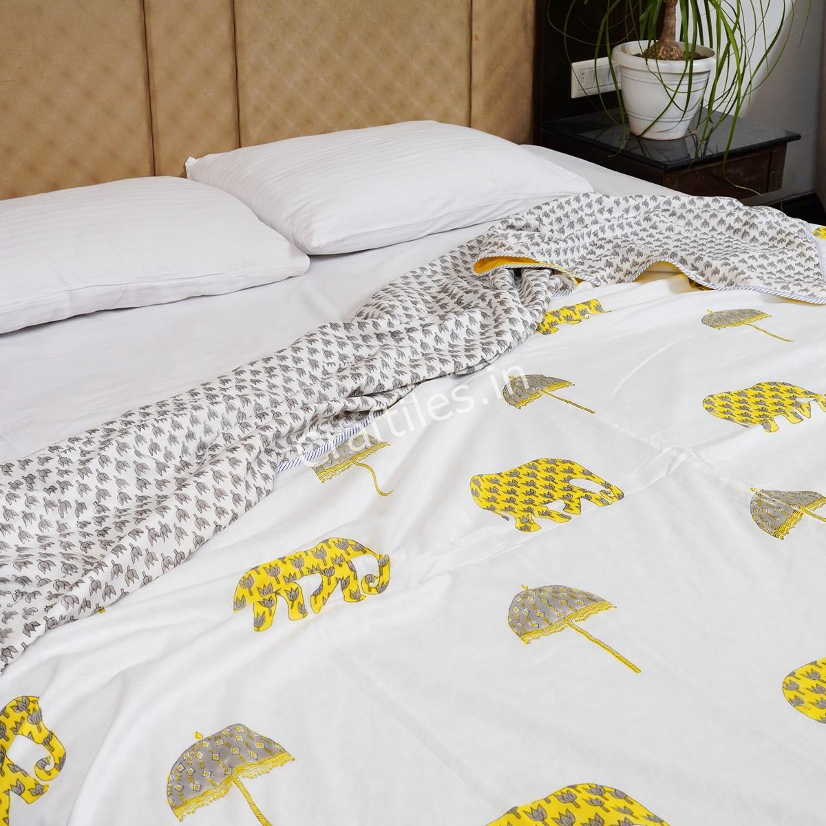 Craftiles – Elephant Handblock Printed Reversible Dohar By Jaipur Dharohar – Yellow - Image 3