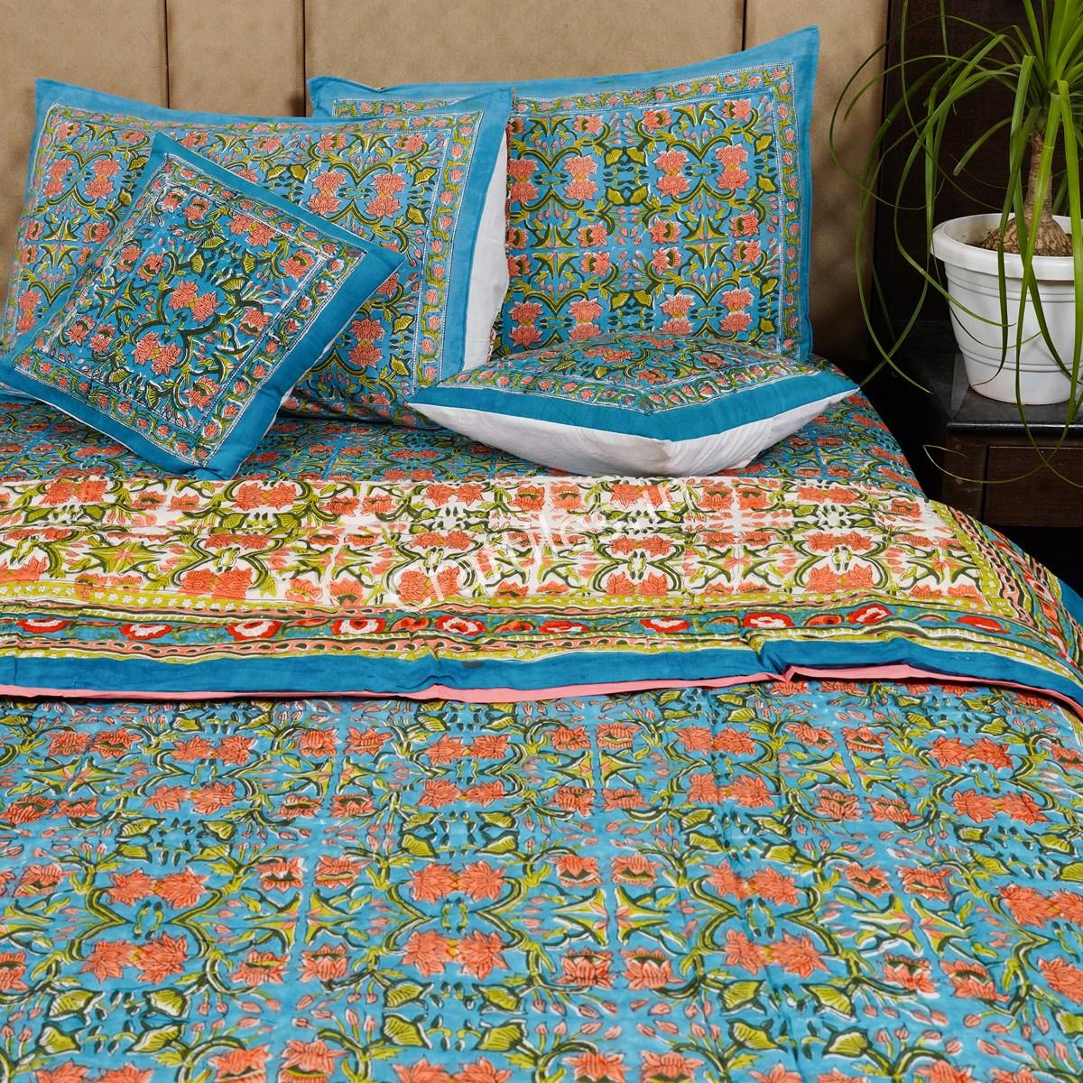 Craftiles - Lotus Jaipuri Handblock Printed Bedding Set by Jaipur dharohar for Home and Wedding Gift - Blue - Image 3