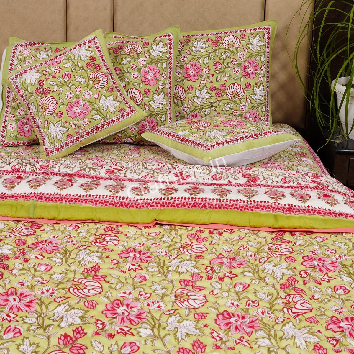 Craftiles -  Birla Jaipuri Handblock Printed Bedding Set by Jaipur dharohar for Home and Wedding Gift - Green - Image 3