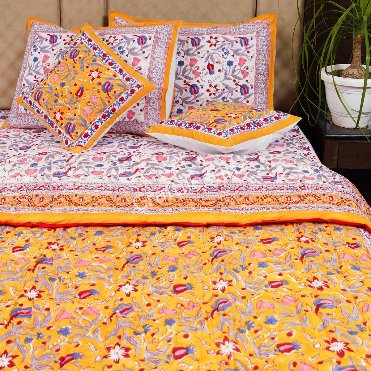 Craftiles - Royal Jaipuri Handblock Printed Bedding Set by Jaipur dharohar for Home and Wedding Gift - Yellow - Image 3