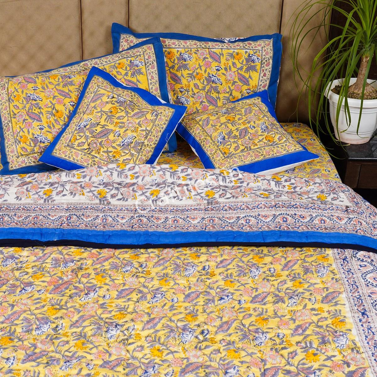 Craftiles - Theme Jaipuri Handblock Printed Bedding Set by Jaipur dharohar for Home and Wedding Gift - Yellow - Image 3