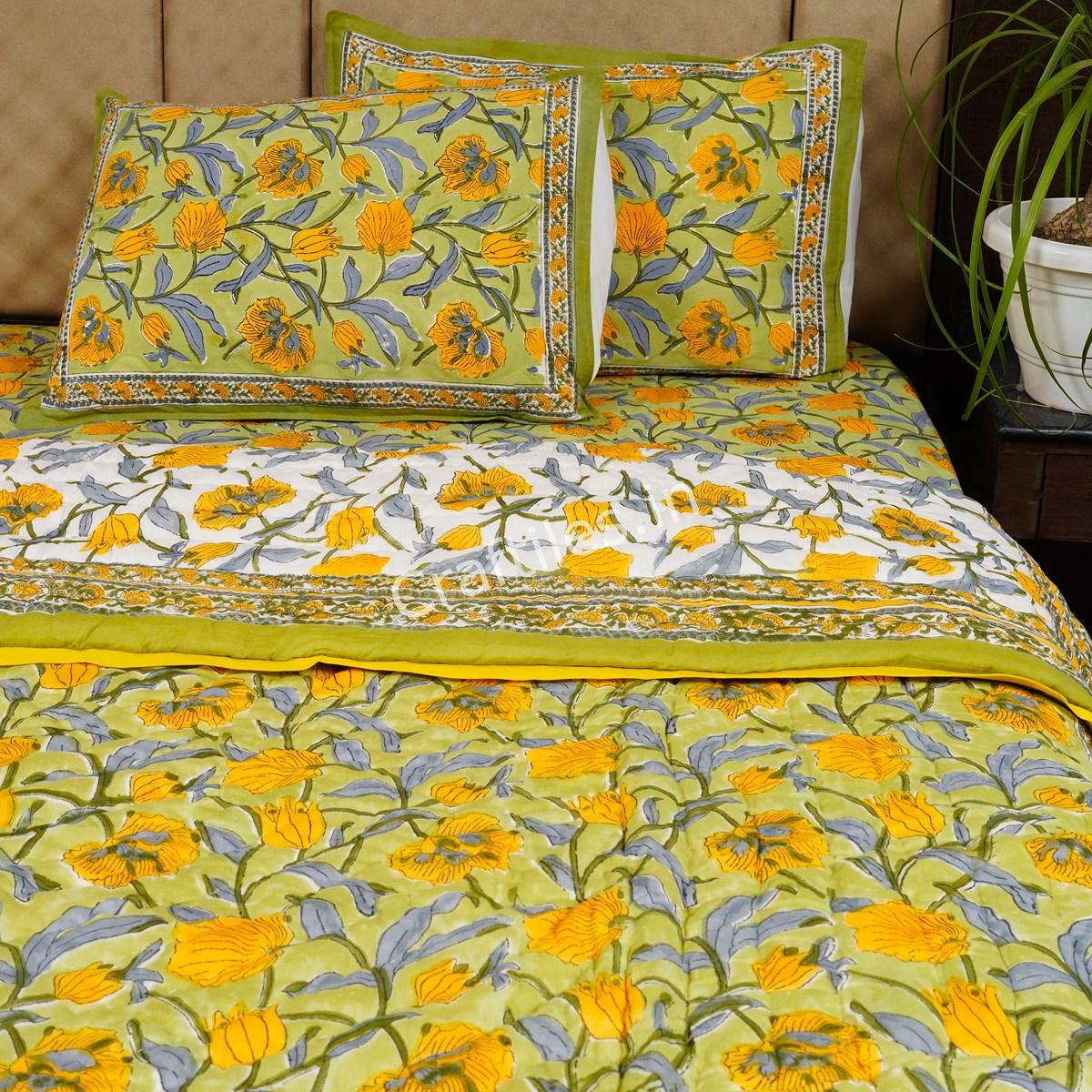 Craftiles - Jiva Jaipuri Handblock Printed Bedding Set by Jaipur dharohar for Home and Wedding Gift - Green - Image 3
