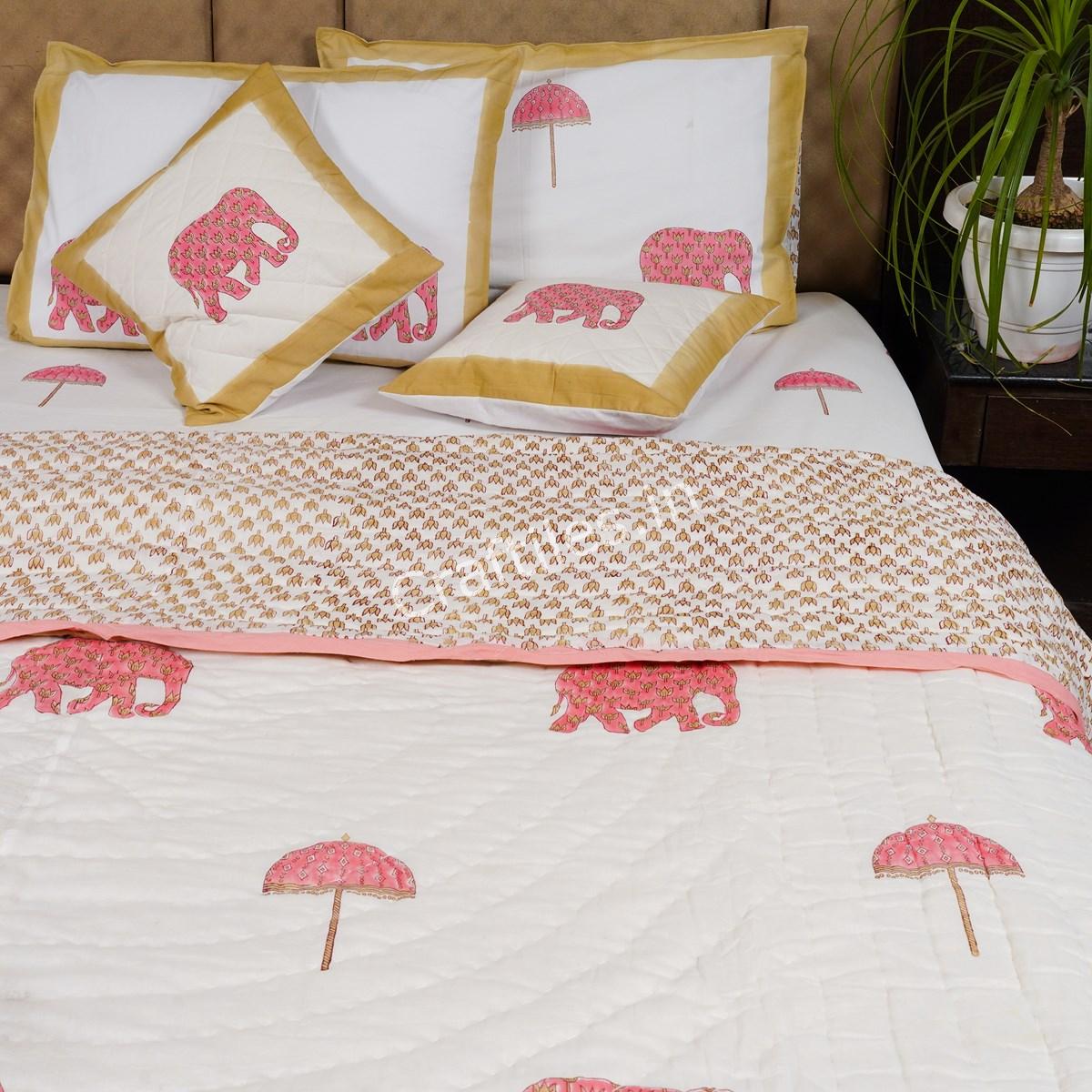 Craftiles - Elephant Jaipuri Handblock Printed Bedding Set by Jaipur dharohar for Home and Wedding Gift - Pink - Image 3