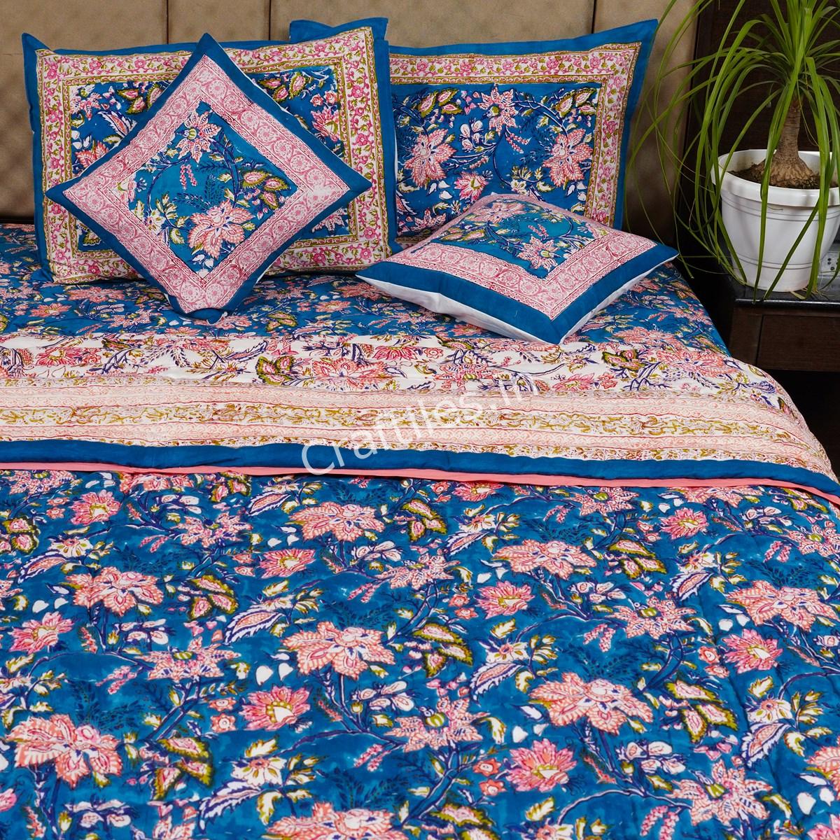 Craftiles - Ratna Jaipuri Handblock Printed Bedding Set by Jaipur dharohar for Home and Wedding Gift - Blue - Image 3