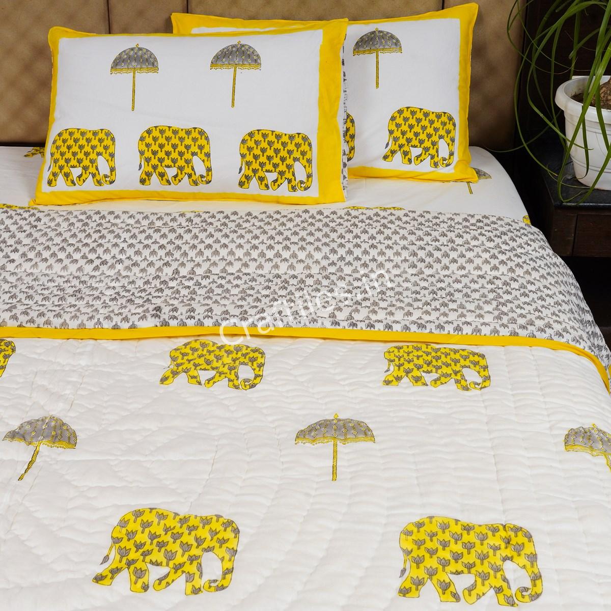 Craftiles -  Elephant Jaipuri Handblock Printed Bedding Set by Jaipur dharohar for Home and Wedding Gift - Yellow - Image 3