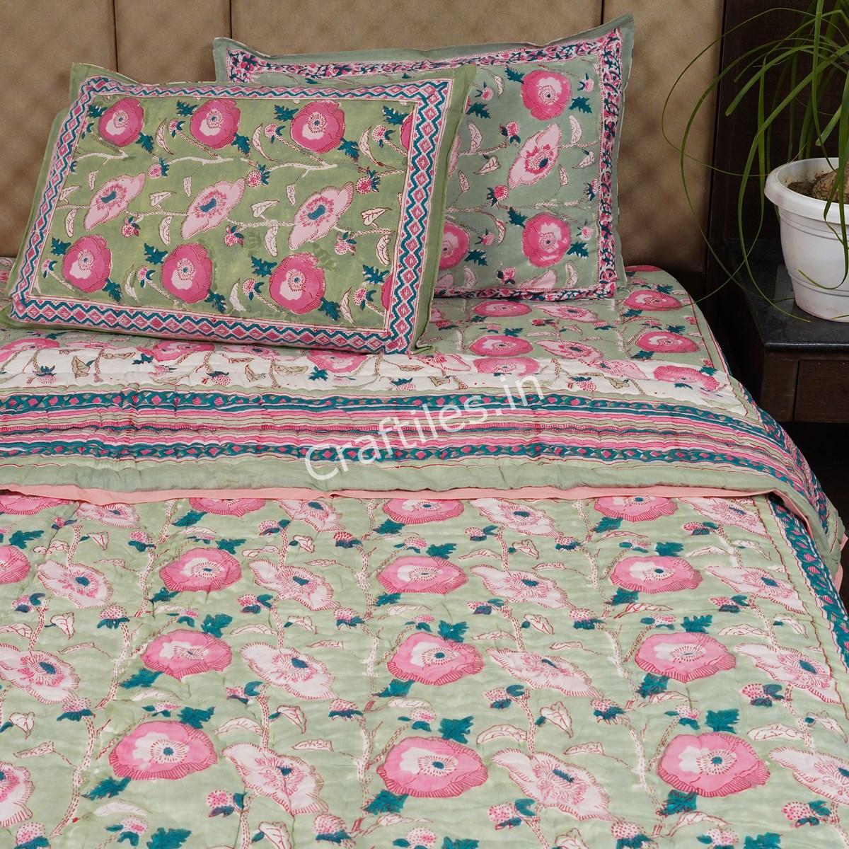 Craftiles - Varista Jaipuri Handblock Printed Bedding Set by Jaipur dharohar for Home and Wedding Gift - Green - Image 3