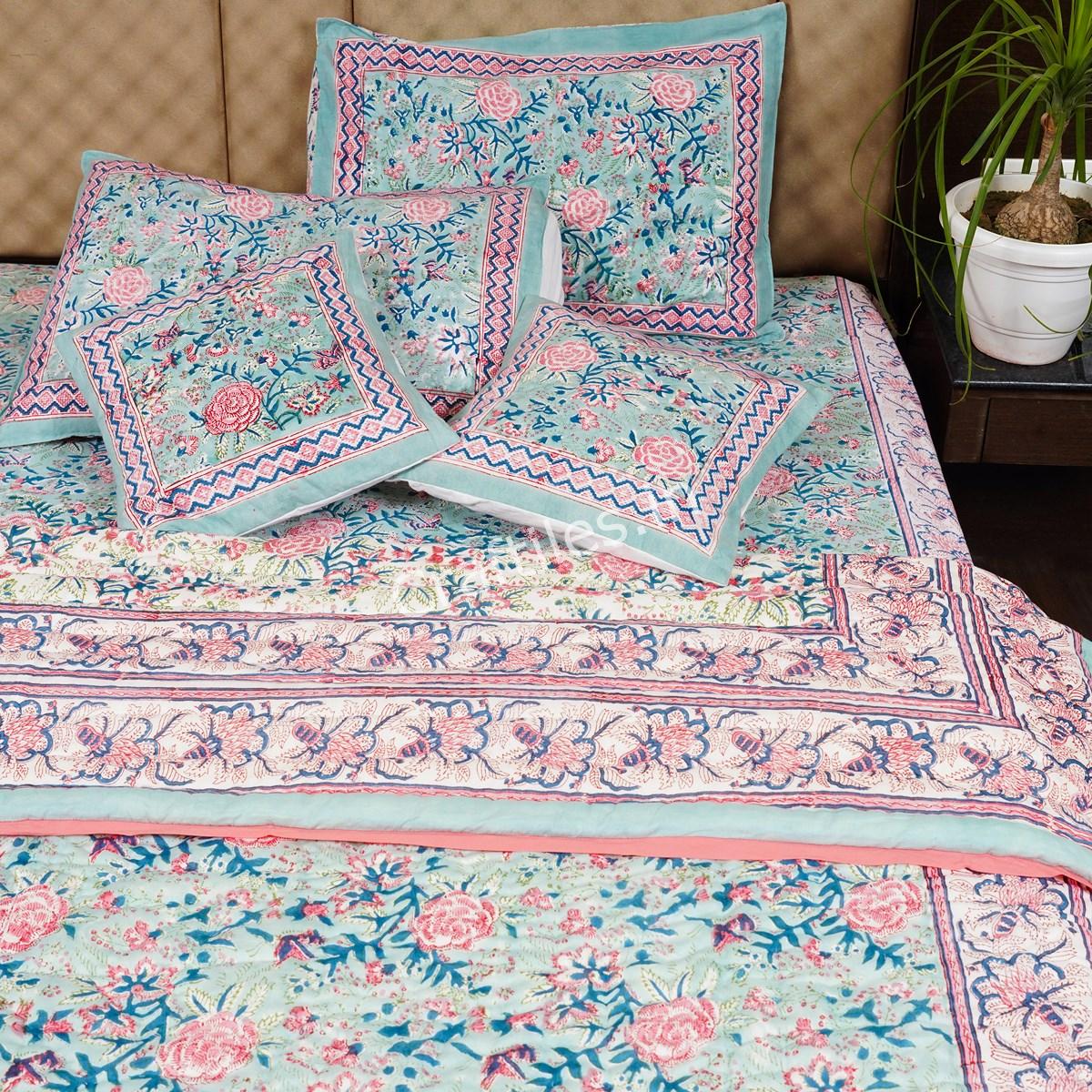 Craftiles - BS1035 English Matching Jaipuri Handblock Printed Bedding Set by Jaipur dharohar for Home and Wedding Gift - Green - Image 3