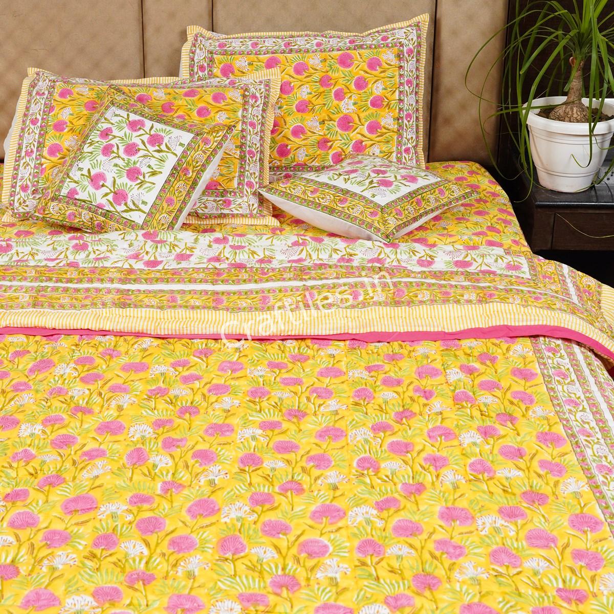 Craftiles - FeatherJaipuri Handblock Printed Bedding Set by Jaipur dharohar for Home and Wedding Gift - Yellow - Image 3