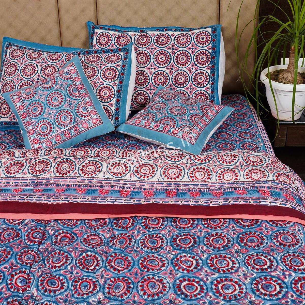 Craftiles - Chakri Jaipuri Handblock Printed Bedding Set by Jaipur dharohar for Home and Wedding Gift - Blue - Image 3