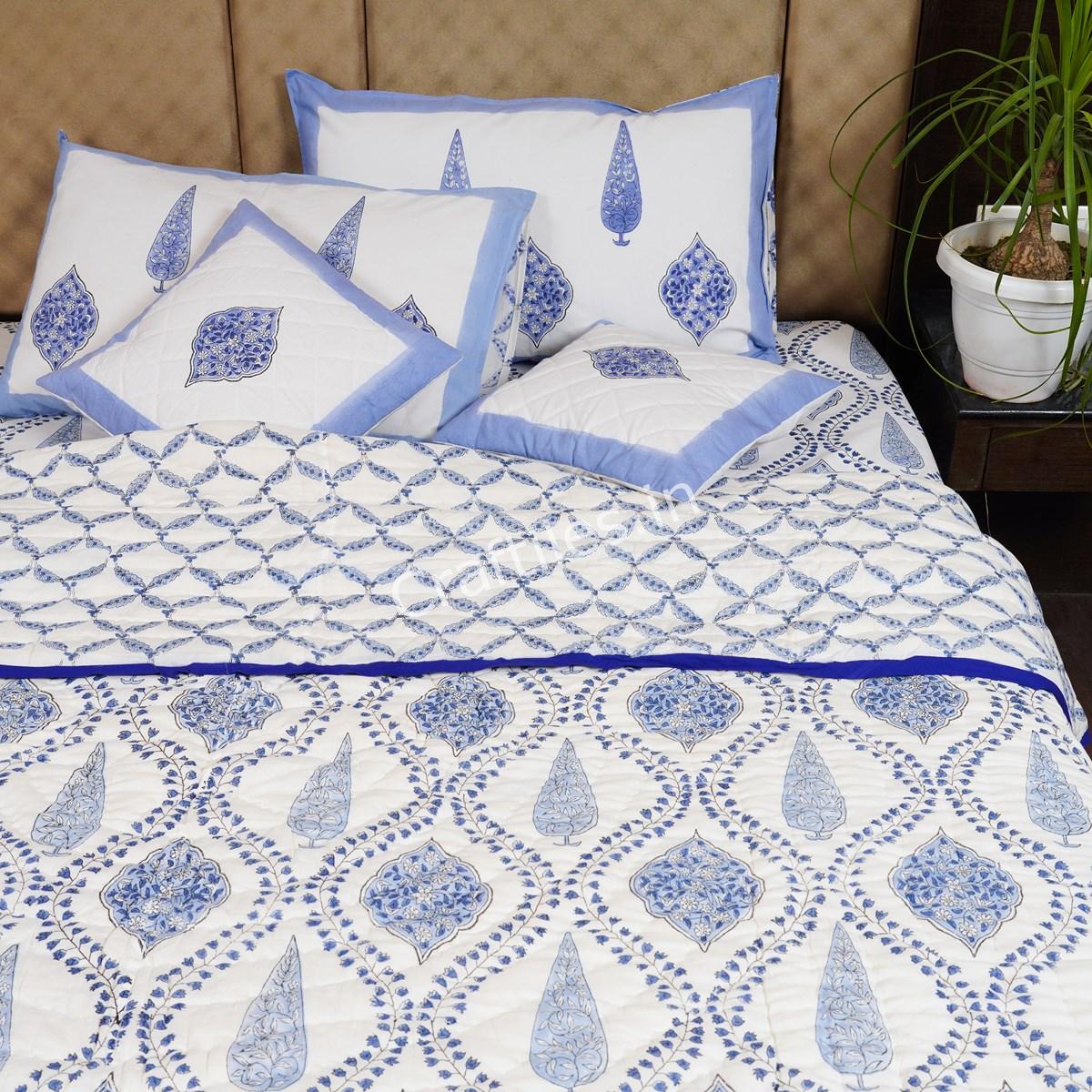 Craftiles -  Chinaar Jaipuri Handblock Printed Bedding Set by Jaipur dharohar for Home and Wedding Gift - Blue - Image 3
