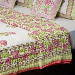 Craftiles - QL1065 Gulab Boota Jaipuri Handblock Printed Reversible Jaipuri Quilt by Jaipurdharohar - Pink