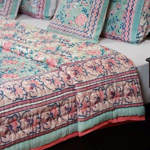Craftiles - QL1035 English Matching Jaipuri Handblock Printed Reversible Jaipuri Quilt by Jaipurdharohar - Green