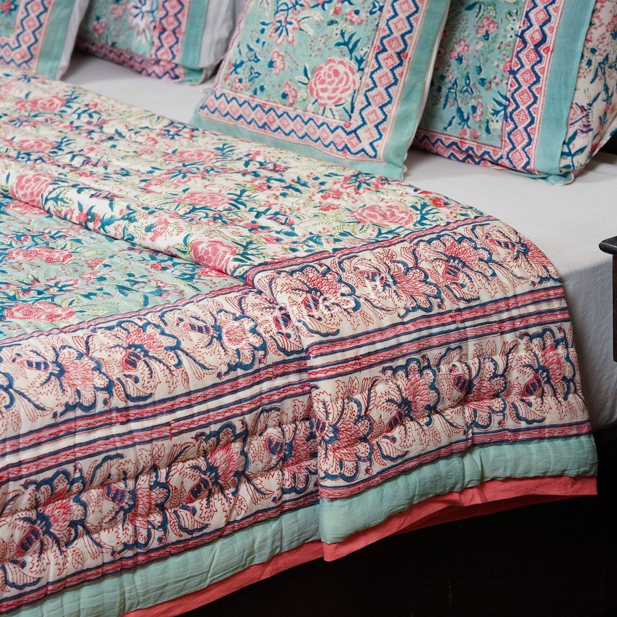 Craftiles - QL1035 English Matching Jaipuri Handblock Printed Reversible Jaipuri Quilt by Jaipurdharohar - Green