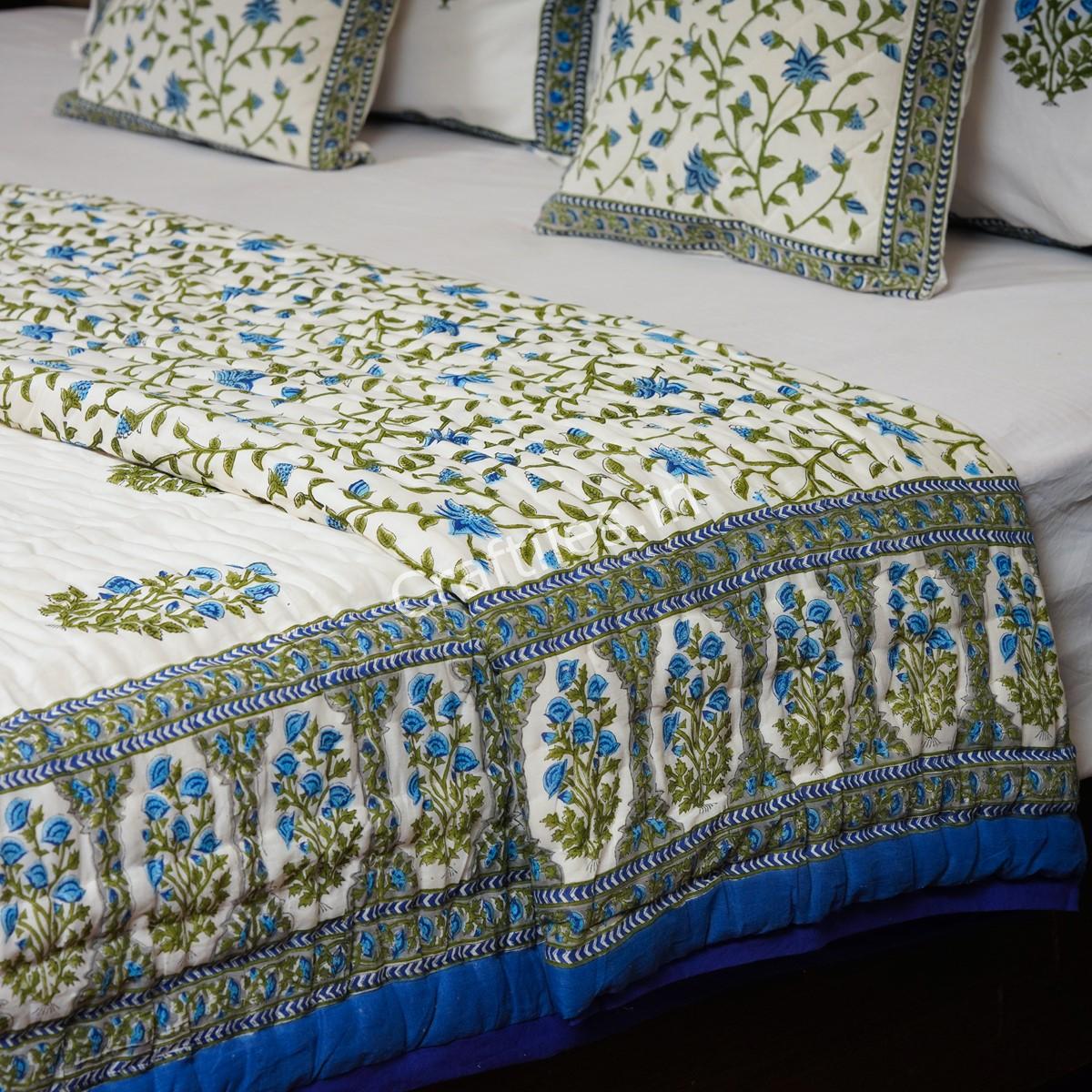 Craftiles - QL1057Q Mahrab Jaipuri Handblock Printed Reversible Jaipuri Quilt by Jaipurdharohar - Green