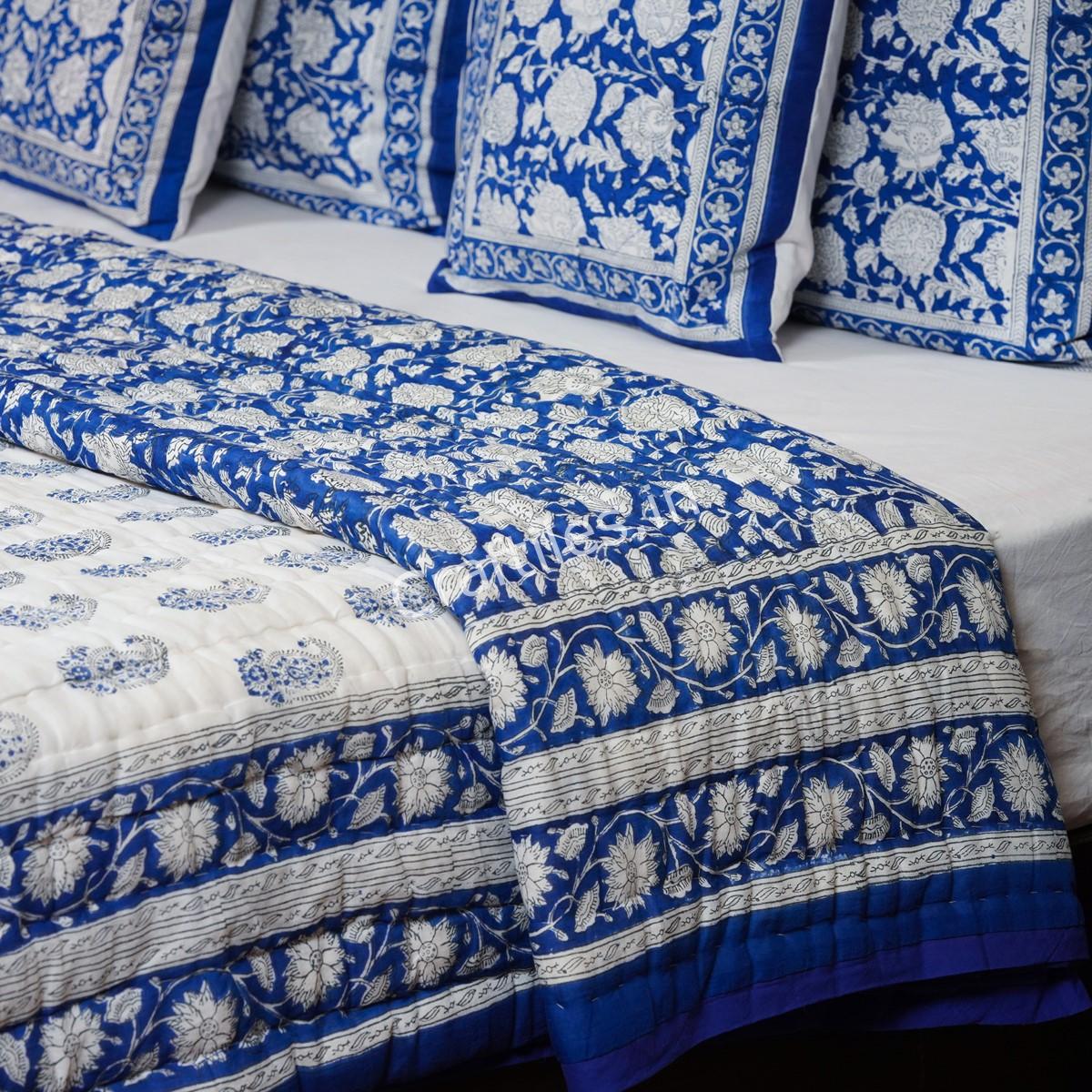 Craftiles - QL1056 Carry Jaipuri Handblock Printed Reversible Jaipuri Quilt by Jaipurdharohar - Blue