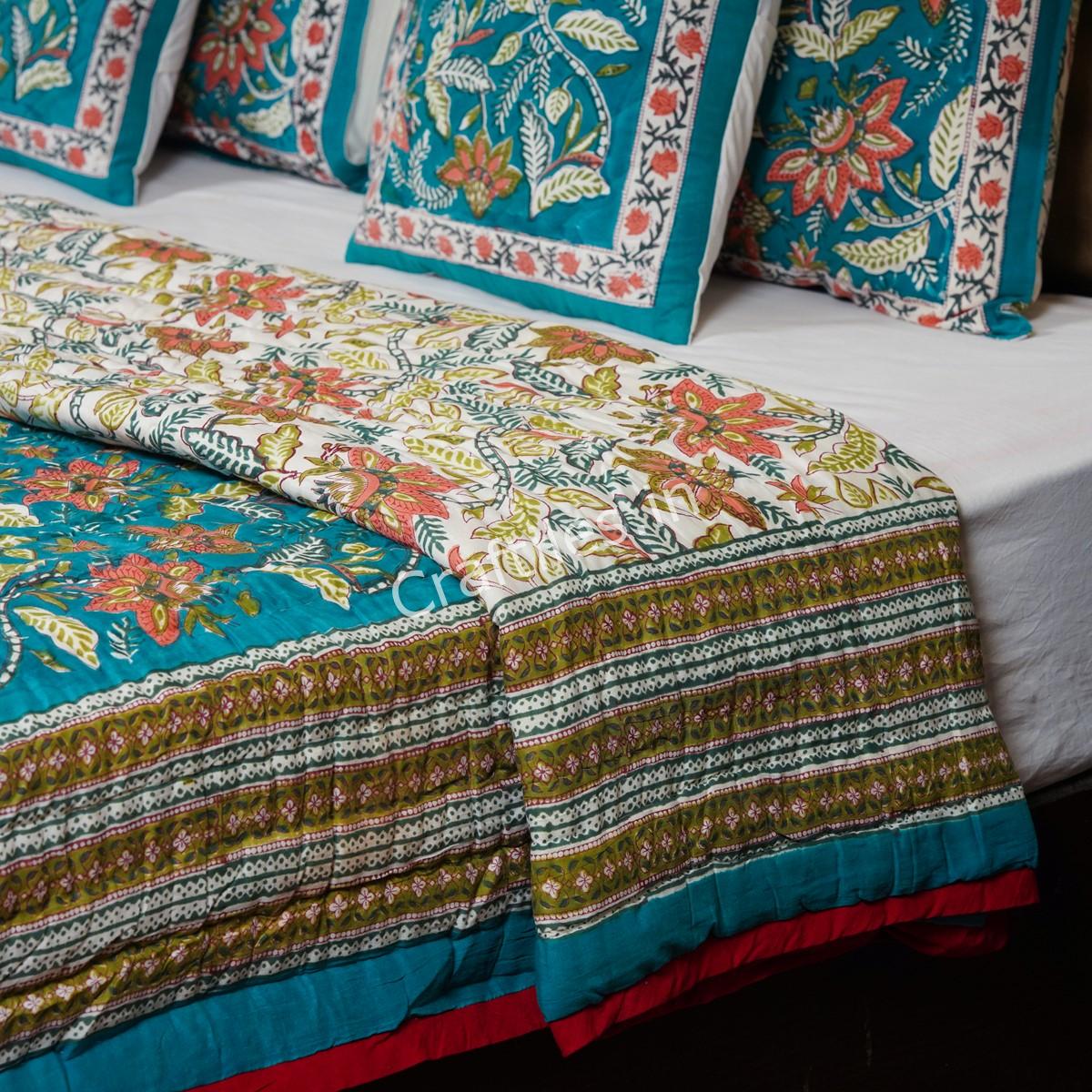 Craftiles - QL1086 Ratna kaam Jaipuri Handblock Printed Reversible Jaipuri Quilt by Jaipurdharohar - Green