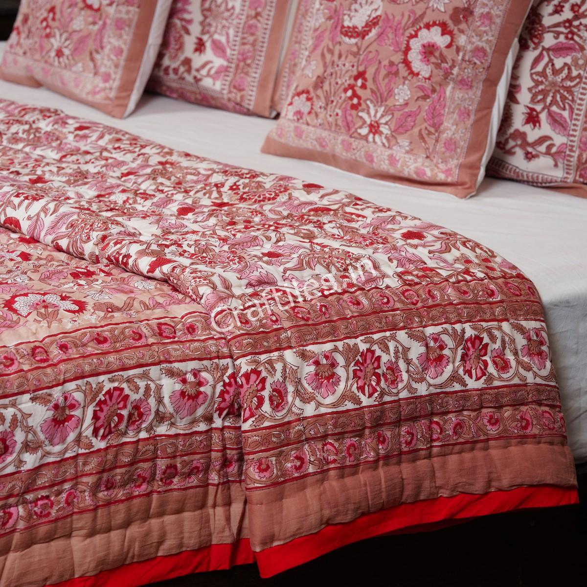Craftiles - QL1137 Flax Jaipuri Handblock Printed Reversible Jaipuri Quilt by Jaipurdharohar - Red
