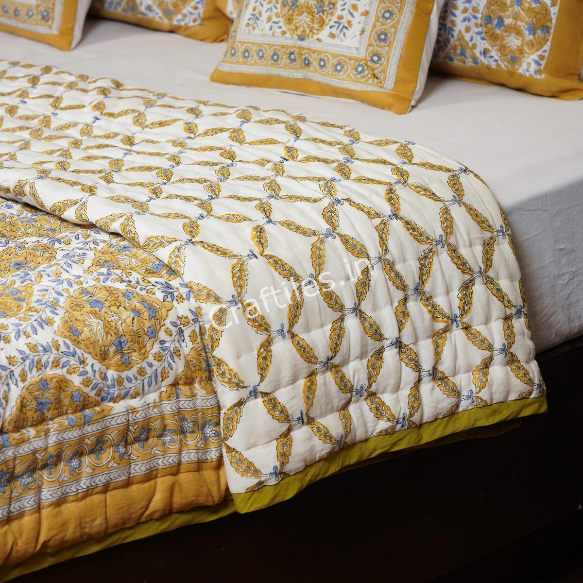 Craftiles - QL1067 Mahak Jaipuri Handblock Printed Reversible Jaipuri Quilt by Jaipurdharohar - Yellow