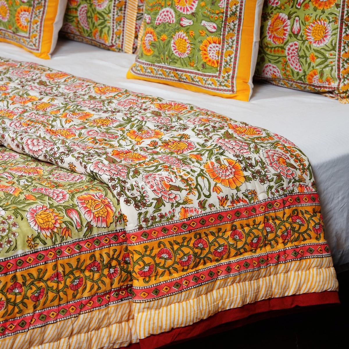 Craftiles - QL1051 Sunflower Jaipuri Handblock Printed Reversible Jaipuri Quilt by Jaipurdharohar - Yellow