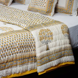 Craftiles - QL1031 Golden Tree Jaipuri Handblock Printed Reversible Jaipuri Quilt by Jaipurdharohar - Yellow
