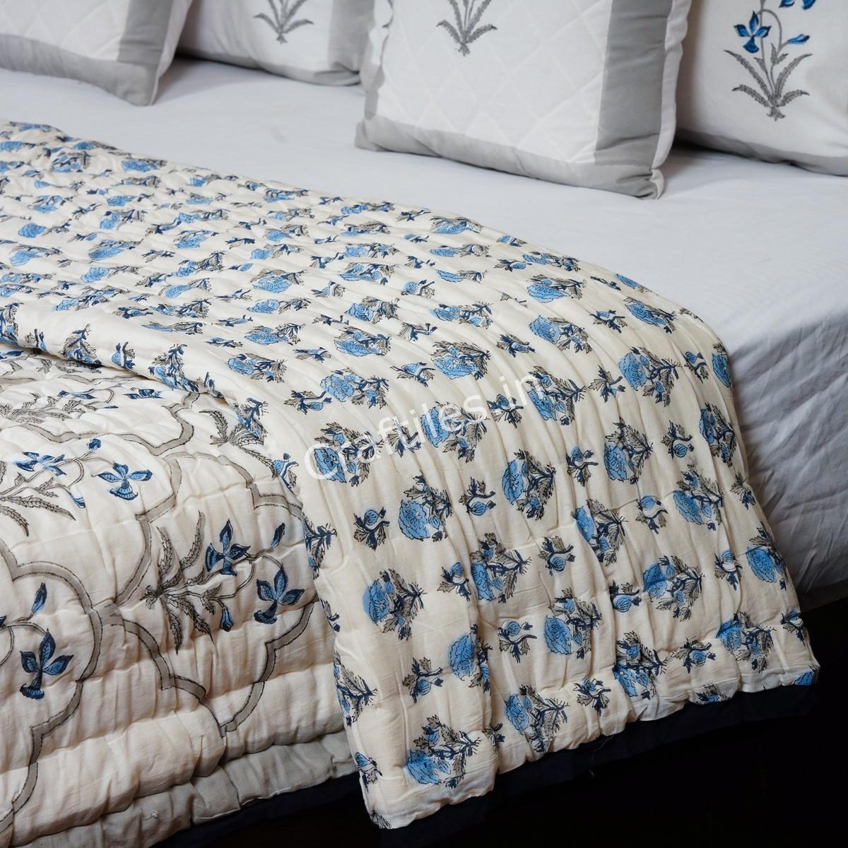 Craftiles - QL1146 Jharokha Jaipuri Handblock Printed Reversible Jaipuri Quilt by Jaipurdharohar - blue