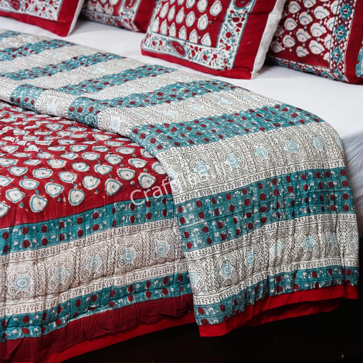 Craftiles - QL1145 Booti Jaipuri Handblock Printed Reversible Jaipuri Quilt by Jaipurdharohar - Red