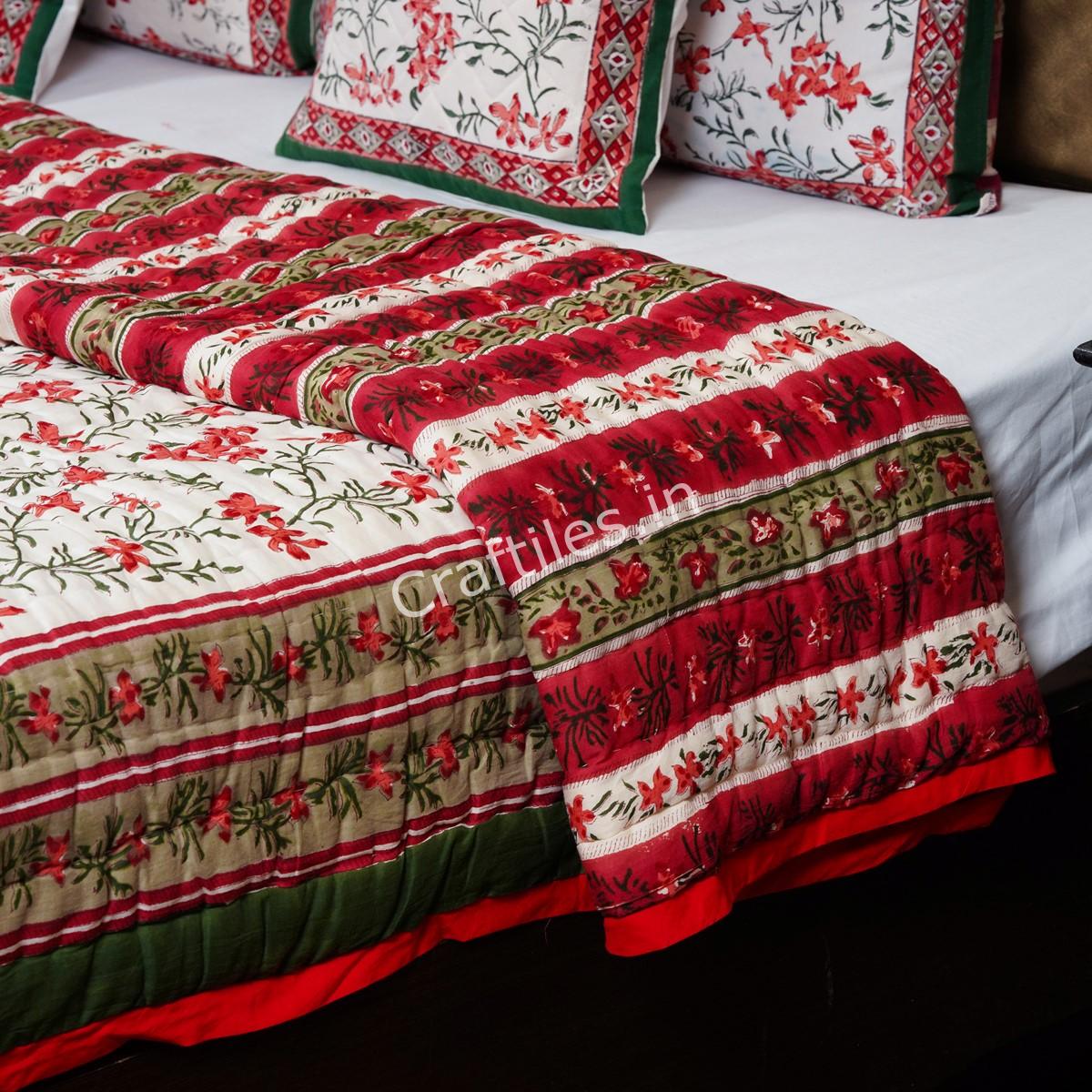 Craftiles - QL1093 Straighter Jaipuri Handblock Printed Reversible Jaipuri Quilt by Jaipurdharohar - Red