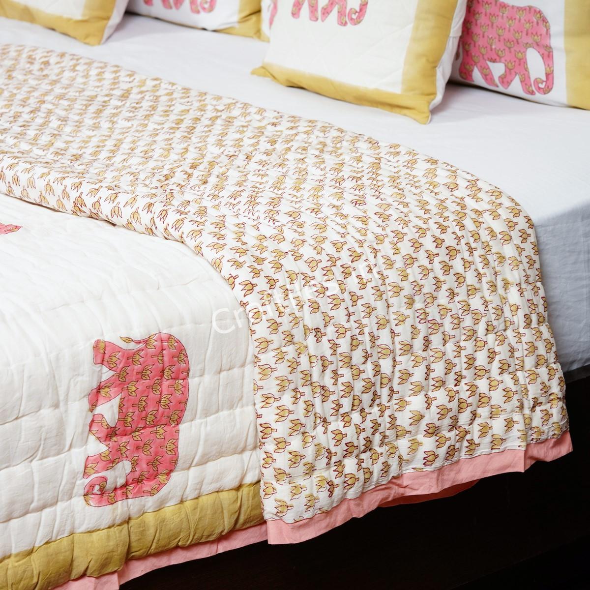 Craftiles - QL1117 Elephant Jaipuri Handblock Printed Reversible Jaipuri Quilt by Jaipurdharohar - Pink