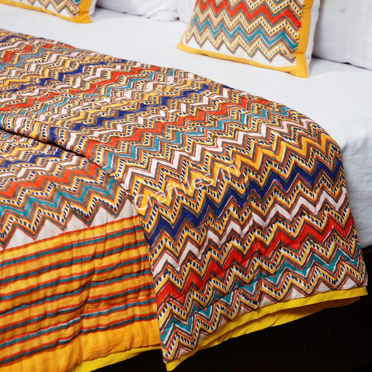 Craftiles - QL1155 Zigzag Jaipuri Handblock Printed Reversible Jaipuri Quilt by Jaipurdharohar - Yellow