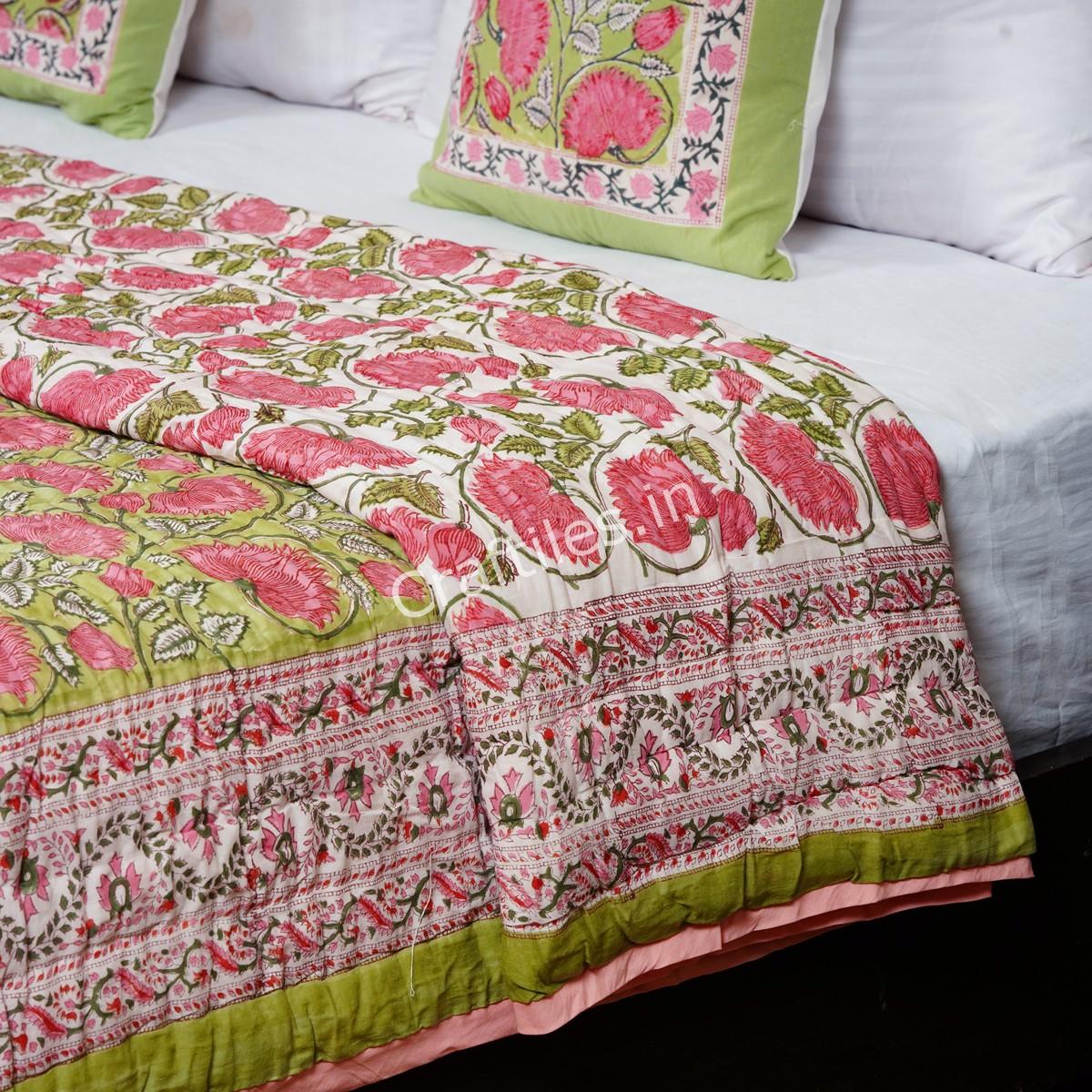 Craftiles - QL1063 Lotus Jaipuri Handblock Printed Reversible Jaipuri Quilt by Jaipurdharohar - Green