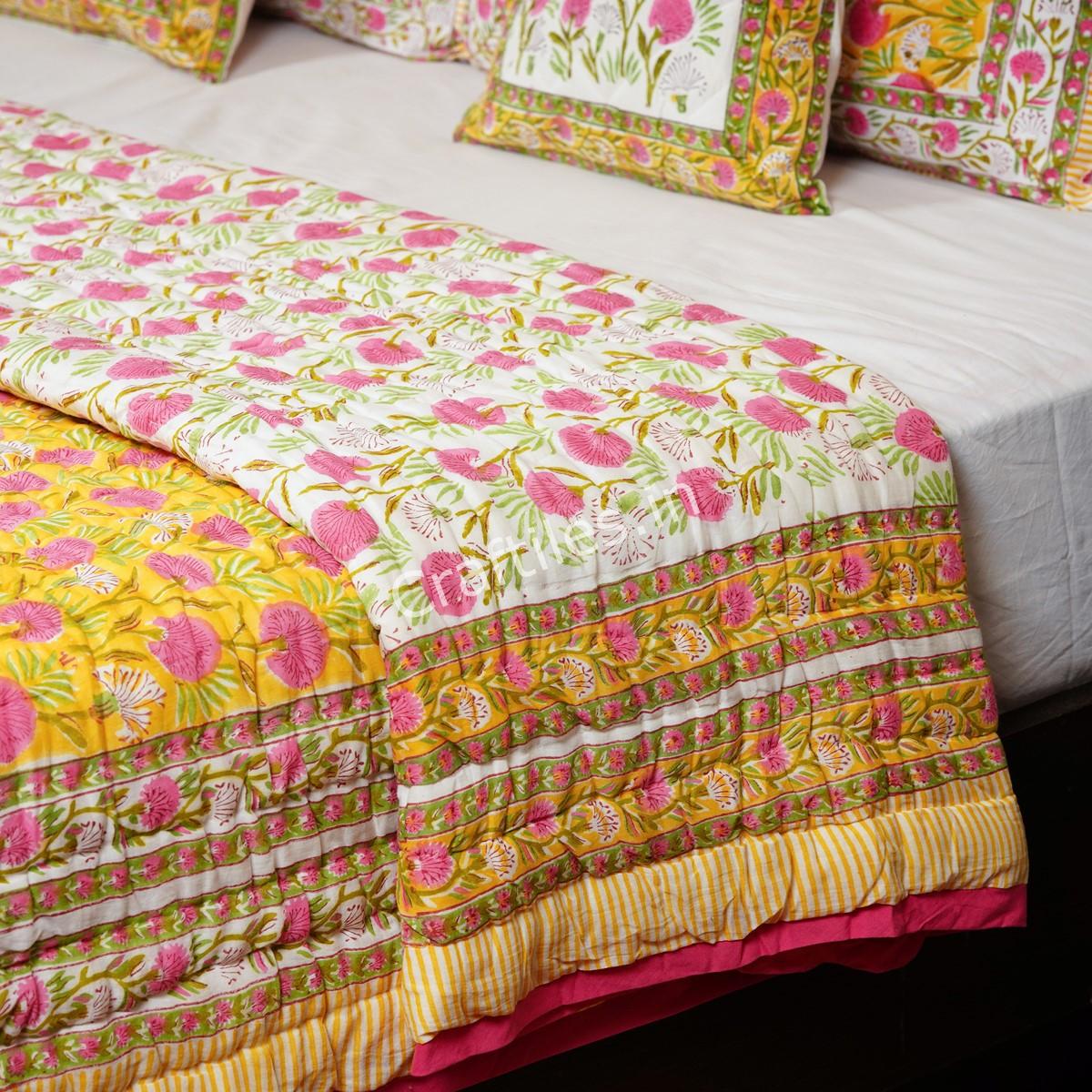 Craftiles - QL1064 Kashyap Jaipuri Handblock Printed Reversible Jaipuri Quilt by Jaipurdharohar - Yellow
