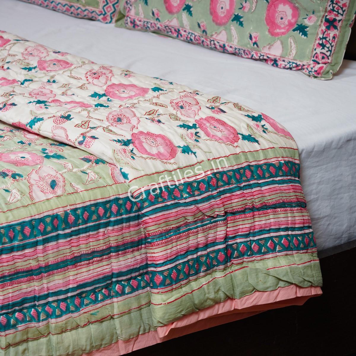 Craftiles - QL1149 Varista Jaipuri Handblock Printed Reversible Jaipuri Quilt by Jaipurdharohar - Green