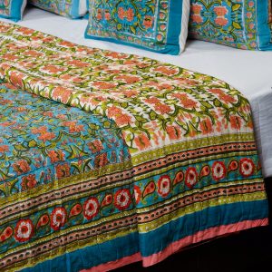 Craftiles - QL1112 Lotus Jaipuri Handblock Printed Reversible Jaipuri Quilt by Jaipurdharohar - Green
