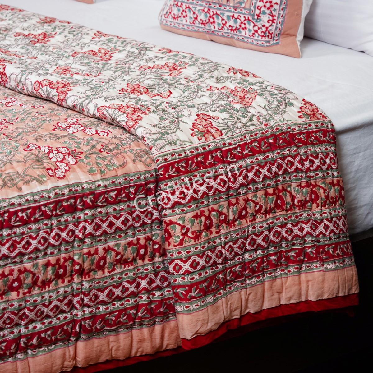 Craftiles - QL1042 Peach Jaipuri Handblock Printed Reversible Jaipuri Quilt by Jaipurdharohar - Peach