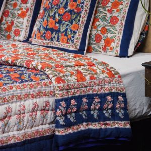 Craftiles - QL1001 Rose Jaipuri Handblock Printed Reversible Jaipuri Quilt by Jaipurdharohar - Blue