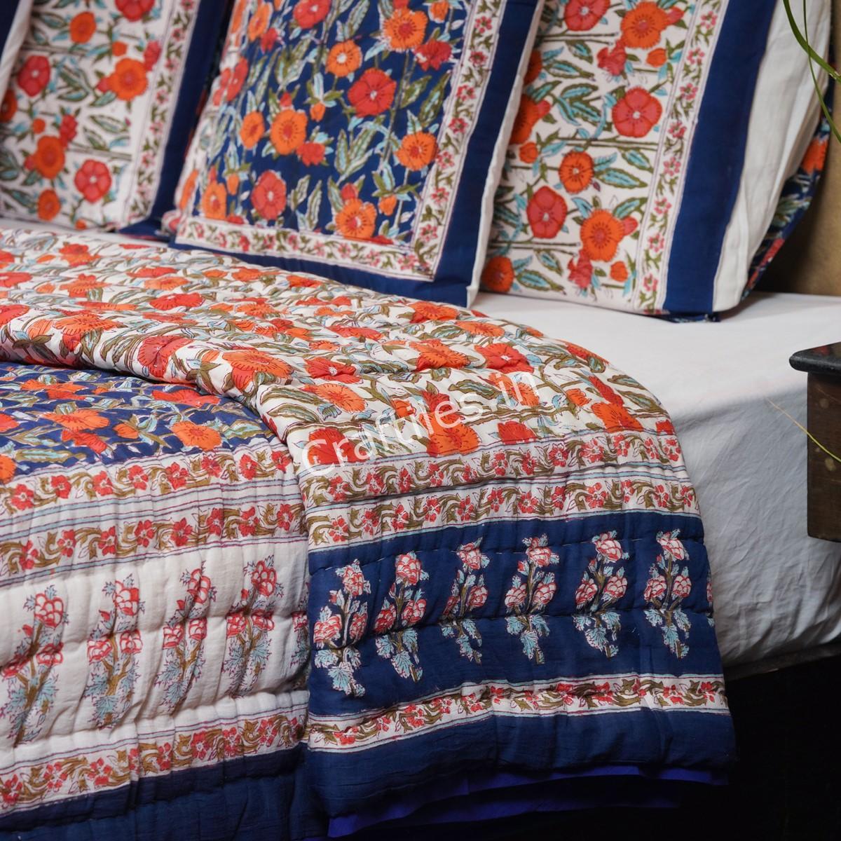 Craftiles - QL1001 Rose Jaipuri Handblock Printed Reversible Jaipuri Quilt by Jaipurdharohar - Blue