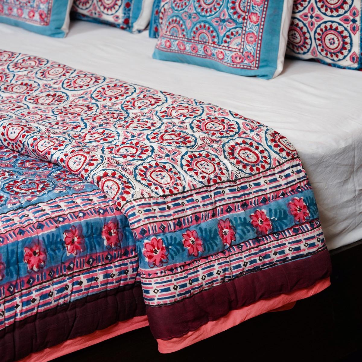 Craftiles - QL1113 Chakri Jaipuri Handblock Printed Reversible Jaipuri Quilt by Jaipurdharohar - Blue