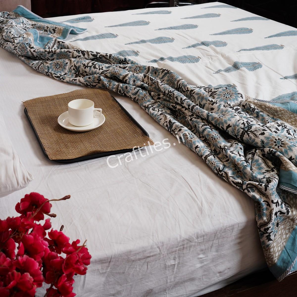 Craftiles – DH1008 Tilak Jaipuri Handblock Printed Reversible Dohar By Jaipur Dharohar – Blue