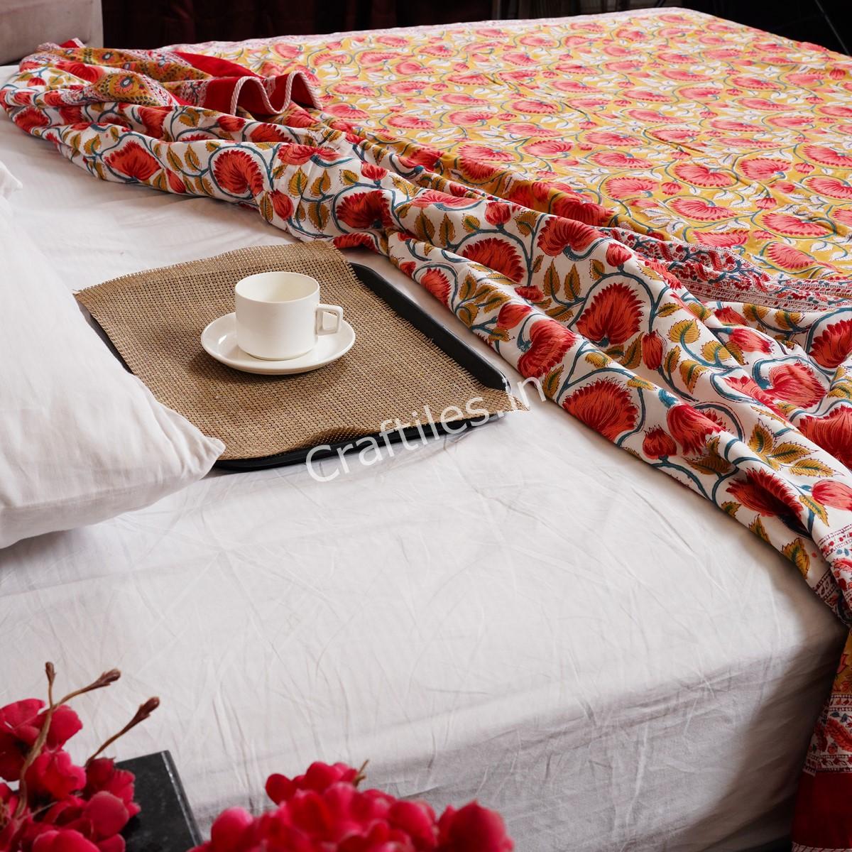 Craftiles – DH1138 Lotus Jaipuri Handblock Printed Reversible Dohar By Jaipur Dharohar – Red