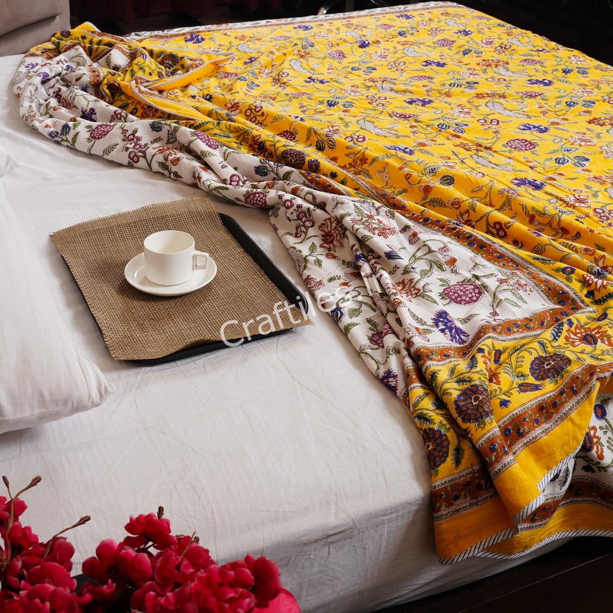 Craftiles – DH1009 Galta Jaipuri Handblock Printed Reversible Dohar By Jaipur Dharohar – Yellow