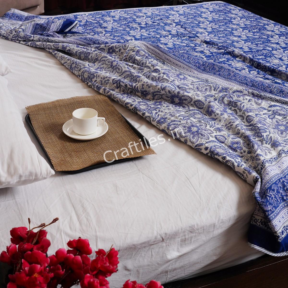 Craftiles – DH1062Q Indigo Jaipuri Handblock Printed Reversible Dohar By Jaipur Dharohar – Blue